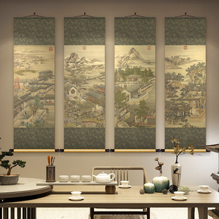 丁观鹏十二月月令图丝绸卷轴挂画中式书房茶室装饰画玄关过道壁画