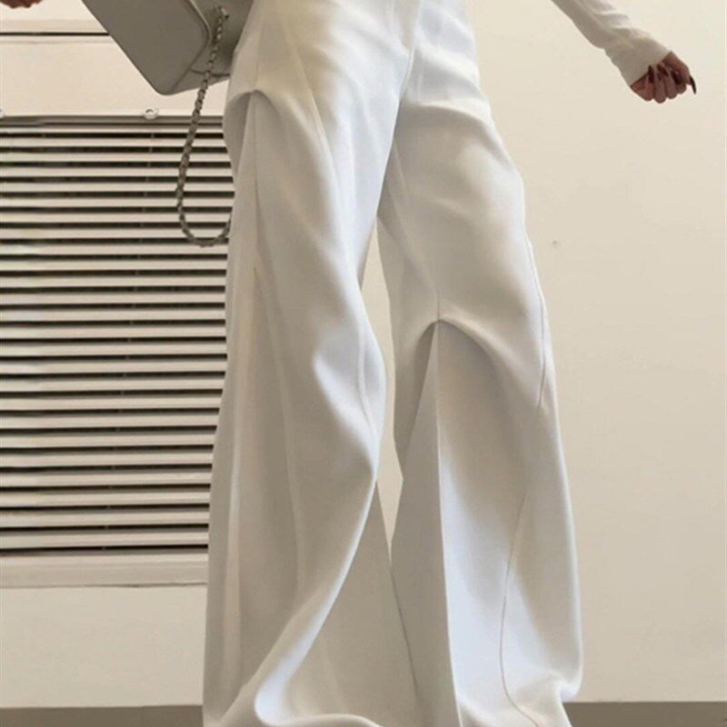 白色西装工装裤子女款2025新款秋季大码胖mm阔腿休闲褶皱设计感潮