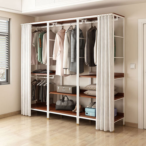 开放式衣柜金属衣架卧室落地步入式衣帽间置物架实木铁艺挂衣架子