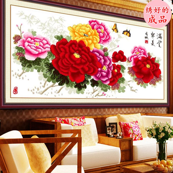 绣好的纯手工十字绣成品满堂红花开富贵牡丹图自己绣新款客厅大副