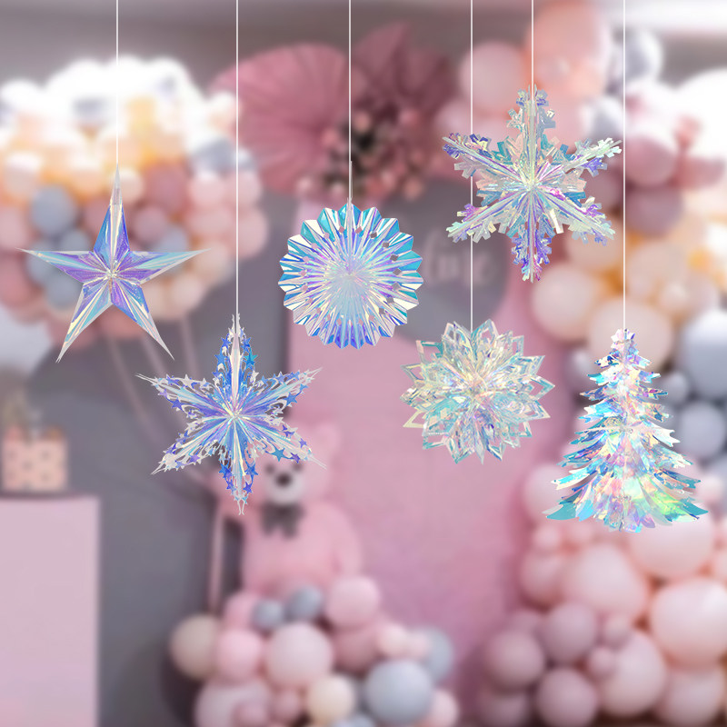 五角星镭射炫彩雪花星星圣诞节装饰品店铺氛围布置天花板吊顶挂饰