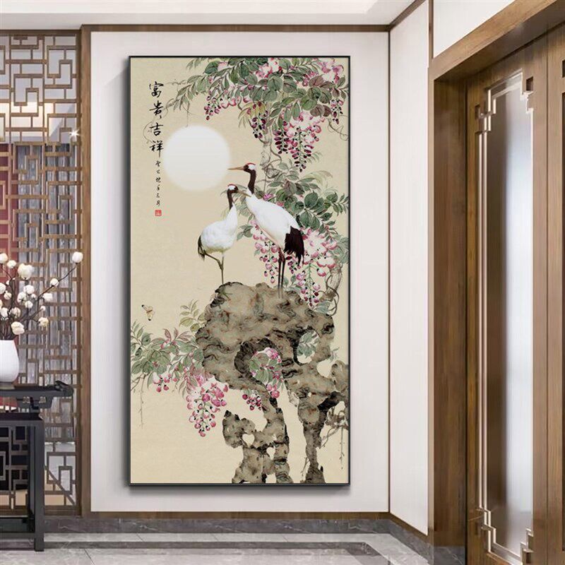 仙鹤图装饰画中式挂画仙鹤画鹤寿图字画玄关画走廊竖款松鹤延年