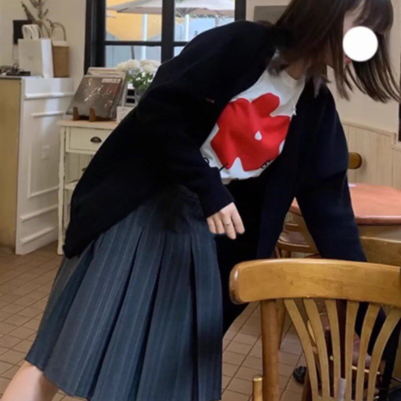 微胖大码灰色条纹半身裙女夏季高腰显瘦a字中裙设计感西装百褶裙