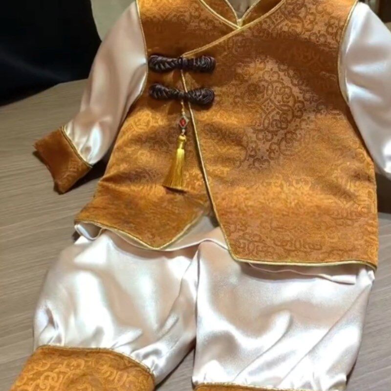 2024新款婴儿满月服百日宴礼服秋冬男宝宝周岁抓周百天新中式冠衣