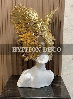 北欧创意天使翅膀人像雕塑摆件样板房售楼处白色人物玄关客厅饰品