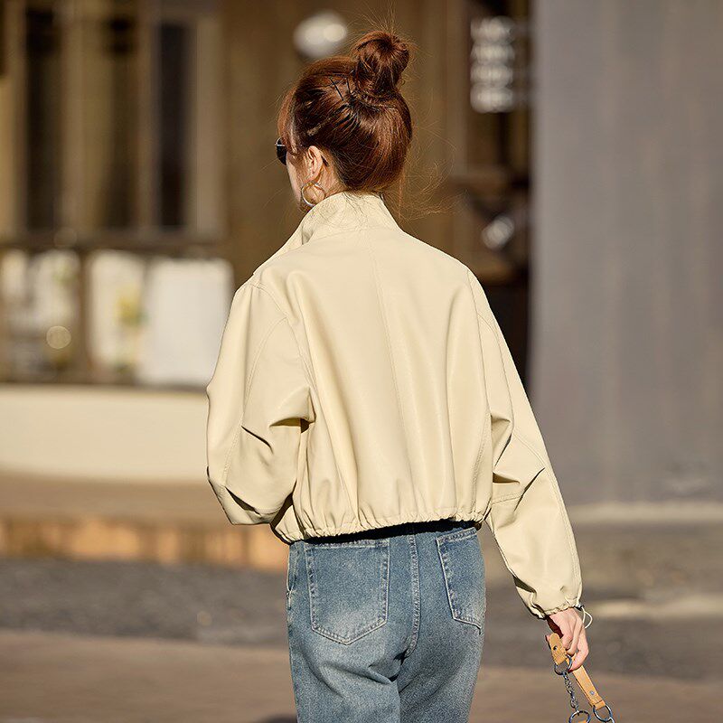 立领皮衣外套女高级感小个子2025春秋新款短款高腰复古机车皮夹克