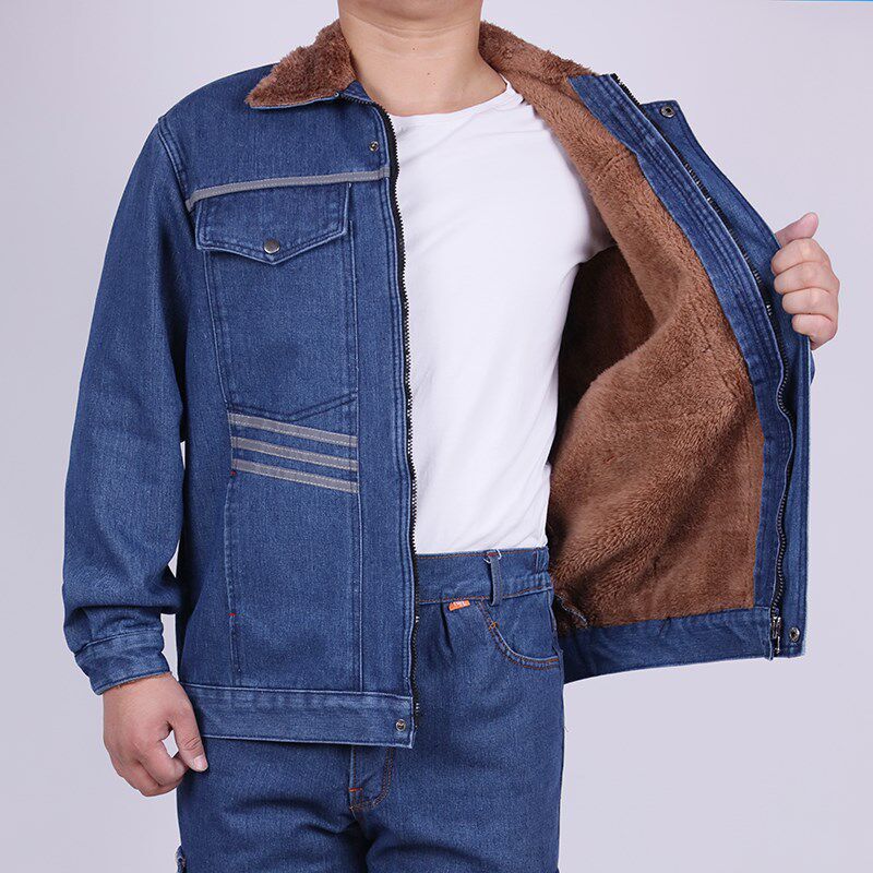 加绒加厚工作服套装男女裤子秋冬保暖牛仔电焊耐磨上衣立领焊工服