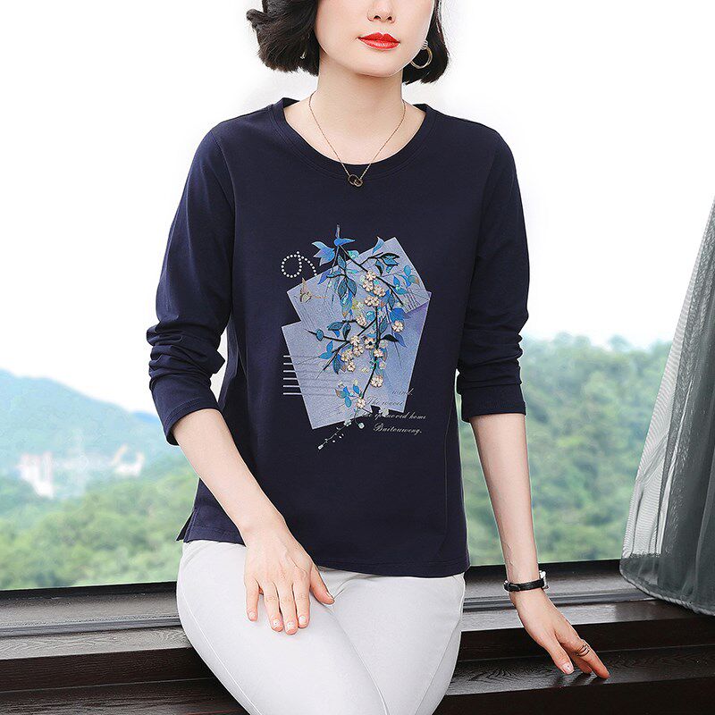 妈妈纯棉长袖t恤女2024春秋装新款时尚洋气上衣外穿中老年打底衫