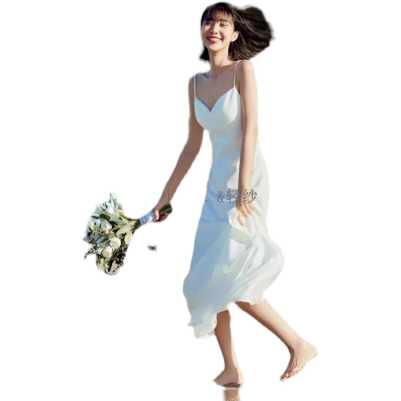 韩式吊带缎面轻婚纱简约领证登记旅拍外拍出门纱小礼服日常小白裙