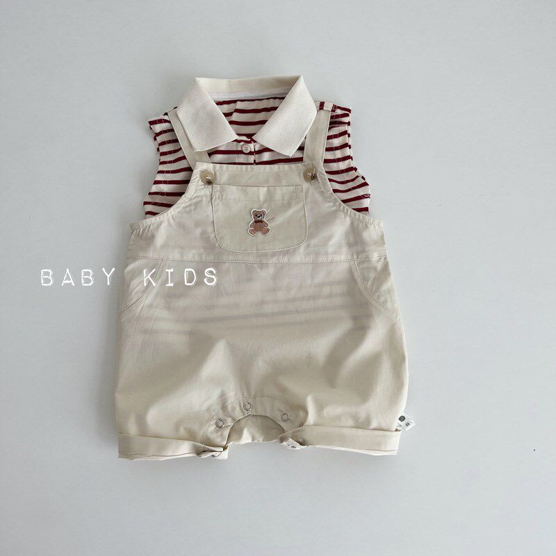 夏季男宝宝套装条纹背心上衣T恤背带短裤两件套婴儿连体衣爬爬服