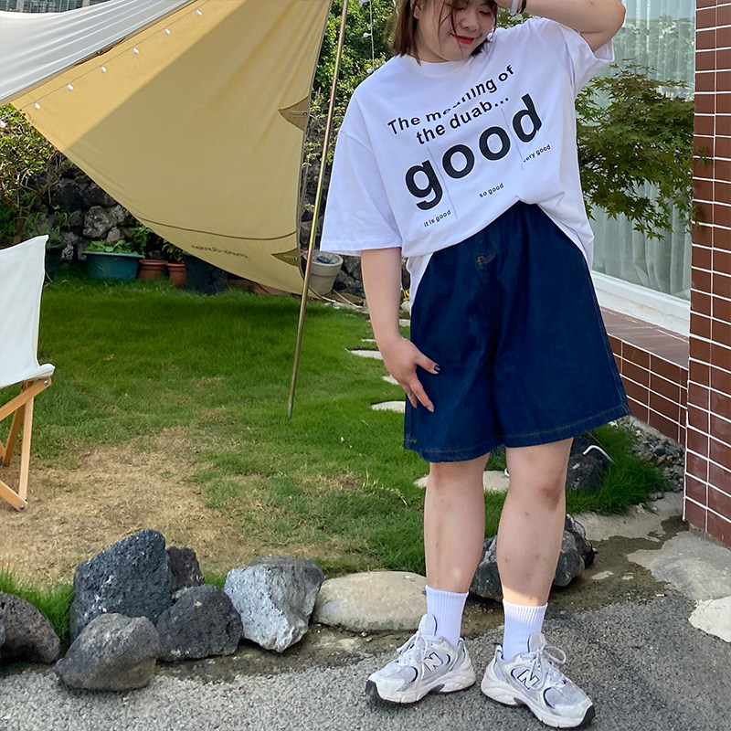 小胖噔牛仔短裤女夏大码薄款高腰胖mm显瘦阔腿bf风宽松a字五分裤