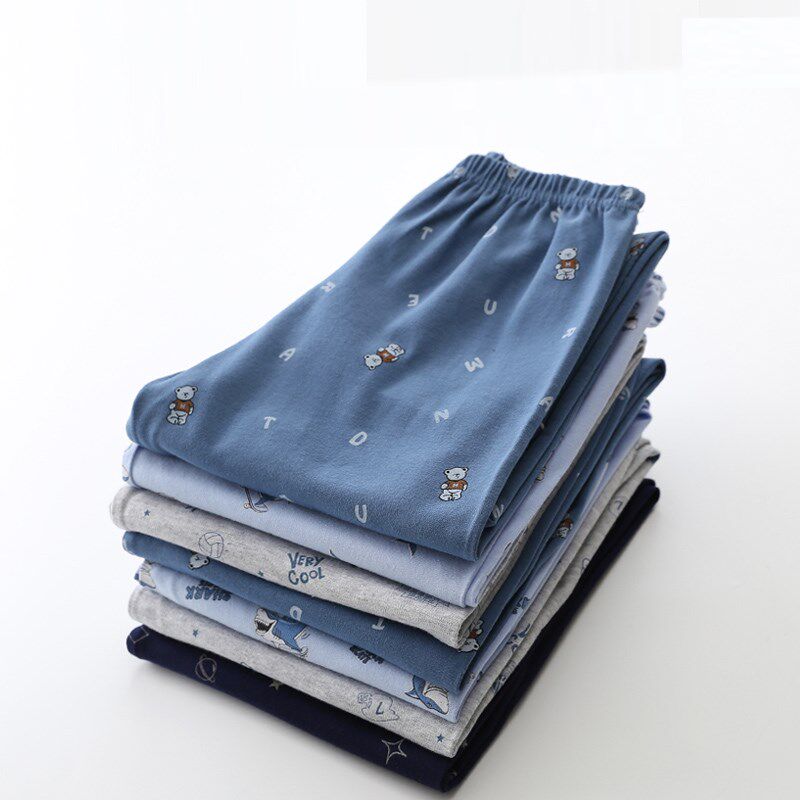 儿童睡裤纯棉宽松胖男童加肥加大夏天超薄款防蚊护肚长裤子高腰