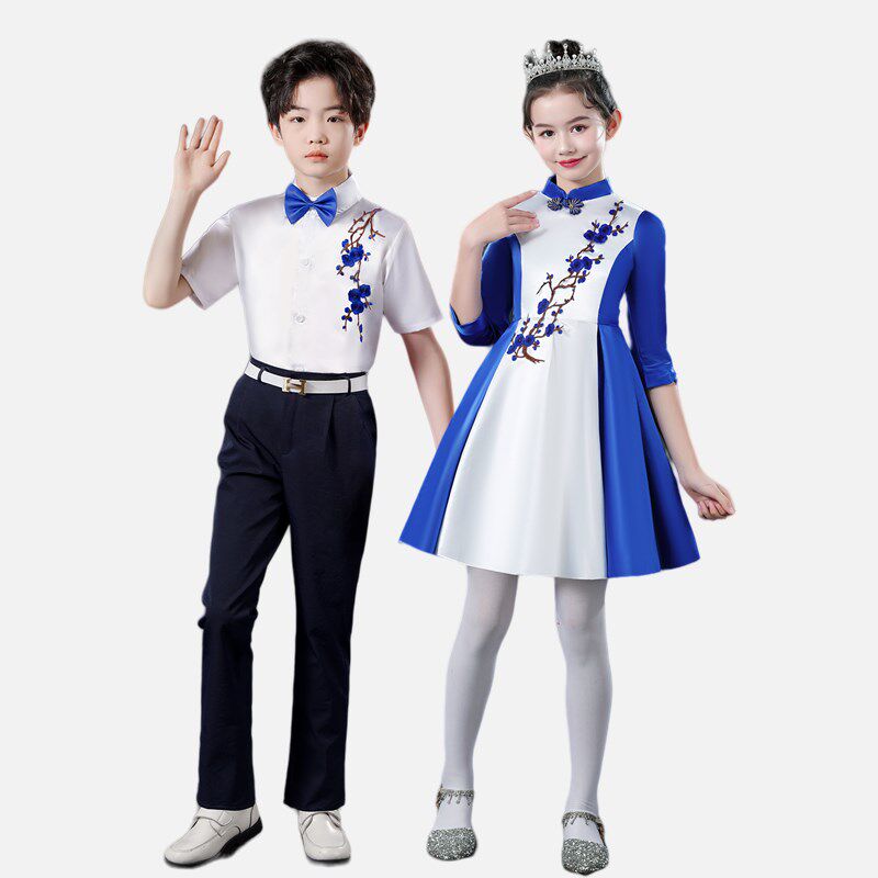 儿童管了团古筝二胡吉他口琴演奏礼服男女演出合唱朗诵表演服装