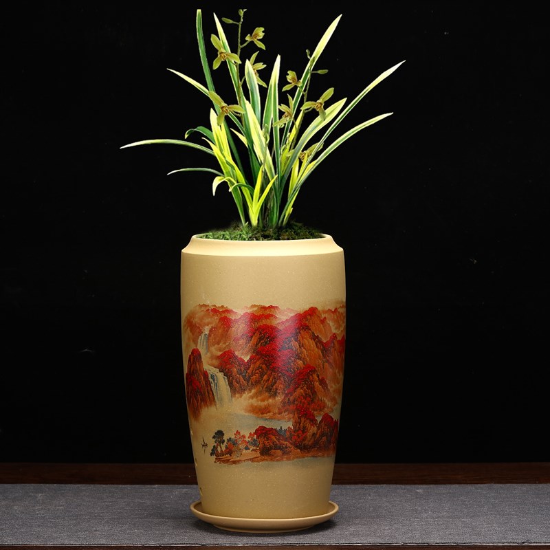 宜兴紫砂兰花盆精品陶瓷贴画桌面文竹古典盆景盆君子兰蝴蝶兰包邮图片