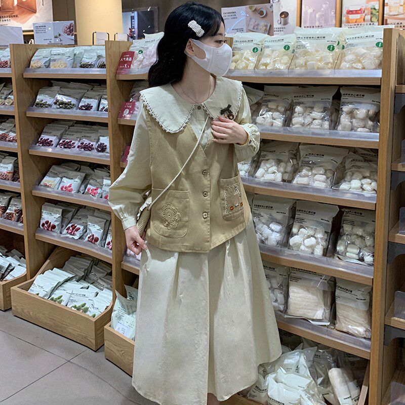 初中女生马甲套装甜美连衣裙秋2024新款高中学生小清新甜美中长裙