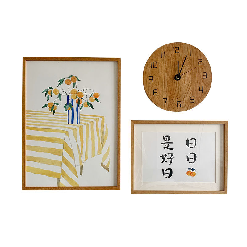 原木风橙子花照片墙日日是好日组合画实木挂钟饭厅有框画客厅壁画