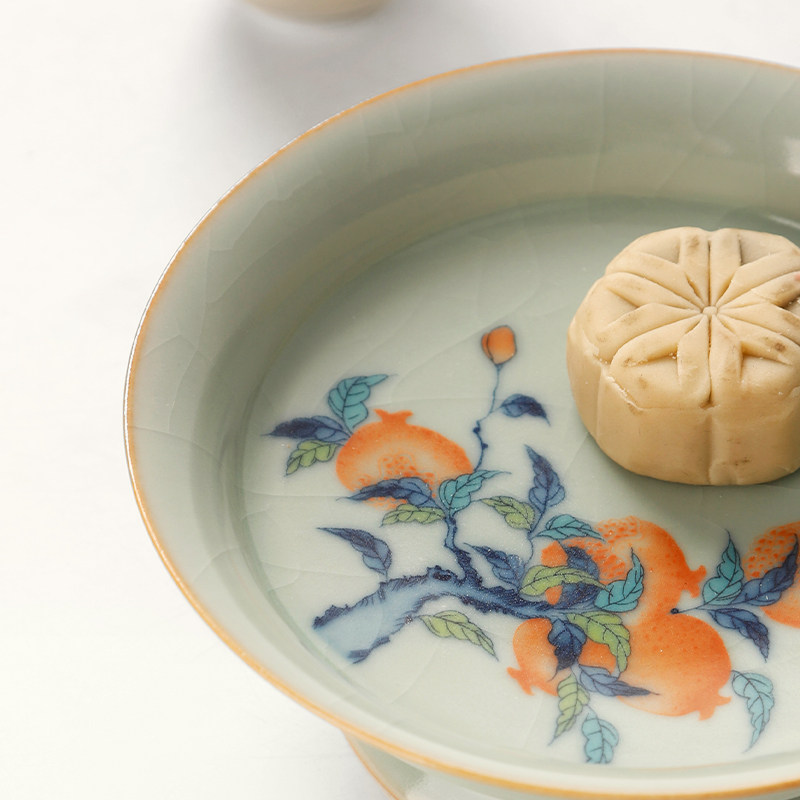 汝窑青花茶点盘陶瓷家用客厅高脚盘水果糕点盘日式零食盘高足托盘