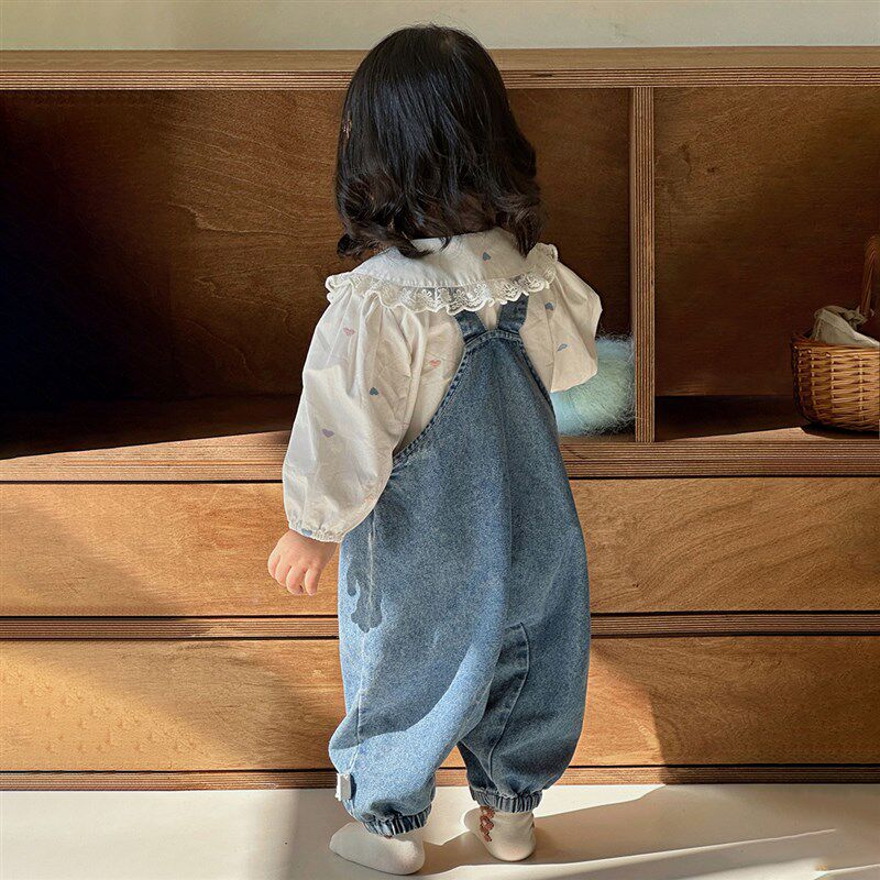 2025新款婴儿牛仔背带裤公主上衣套装荷叶领女宝宝洋气外出两件套