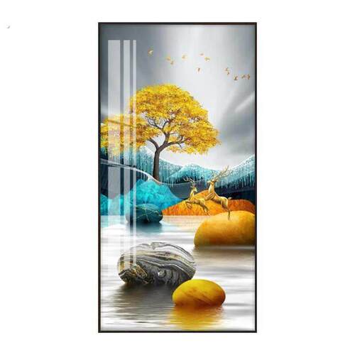 轻奢现代玄关装饰画简约客厅晶钻走廊挂画晶瓷入户过道壁画发财树