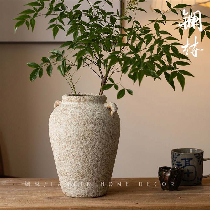 景德镇复古侘寂陶罐花瓶粗陶花器多肉绿植种植盆名宿酒店装饰青雾