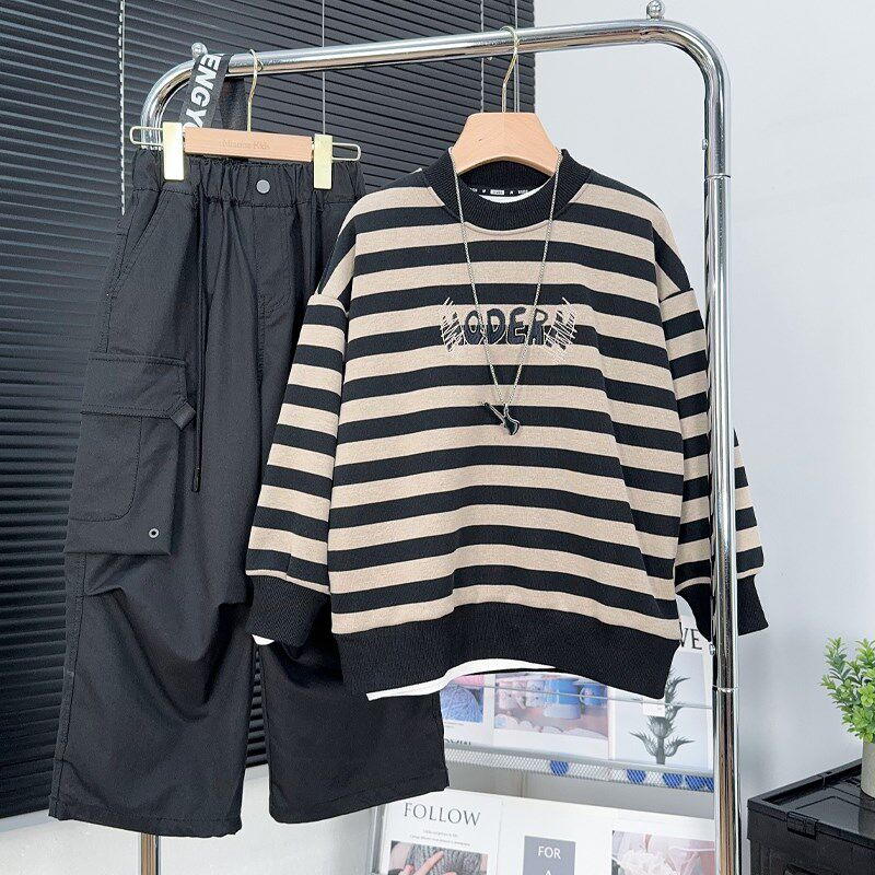 牛哆哆童装男童条纹加绒卫衣秋冬装中大童一体绒儿童上衣潮28863