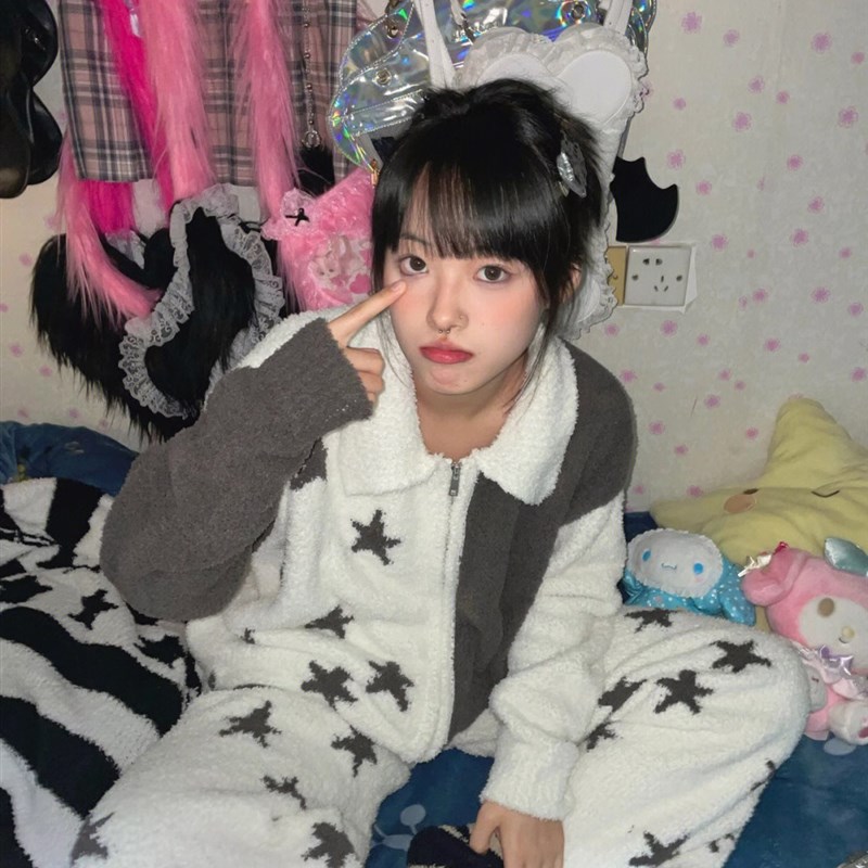韩国半边绒拼色睡衣女秋冬季可外穿珊瑚绒家居服套装2025新款冬天
