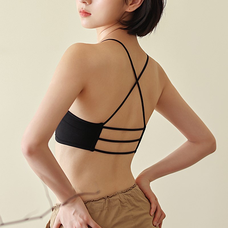 美背细肩带交叉内衣少女棉质背心带胸垫吊带一体抹胸防走光文胸罩