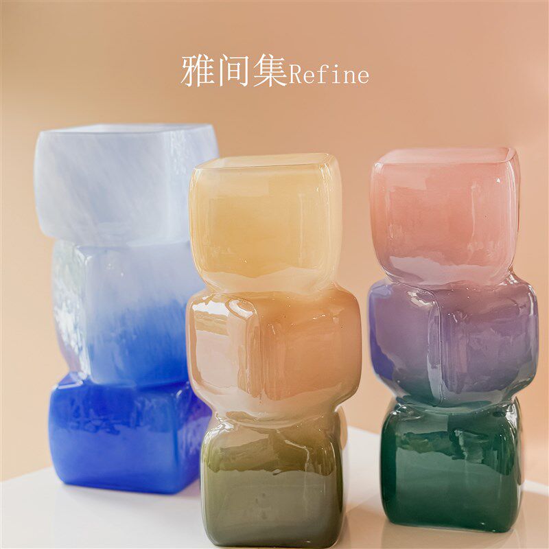 雅间集 Refine渐变方块堆彩色方糖琉璃花瓶 好看花瓶插花推荐小众