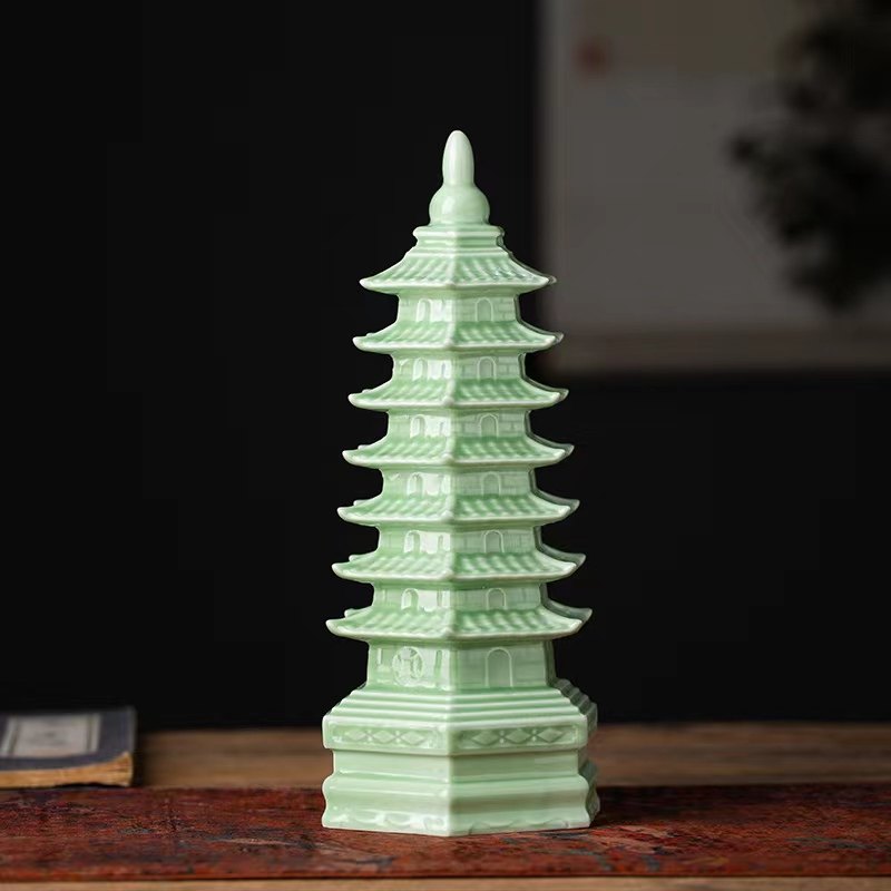 景德镇陶瓷器单色釉影青文昌塔家居客厅书房桌面装饰工艺品摆饰