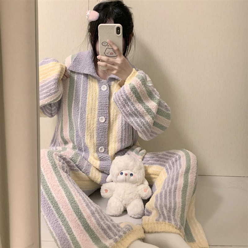 韩版少女条纹半边绒睡衣女秋冬天加绒加厚家居服套装冬季2025新款