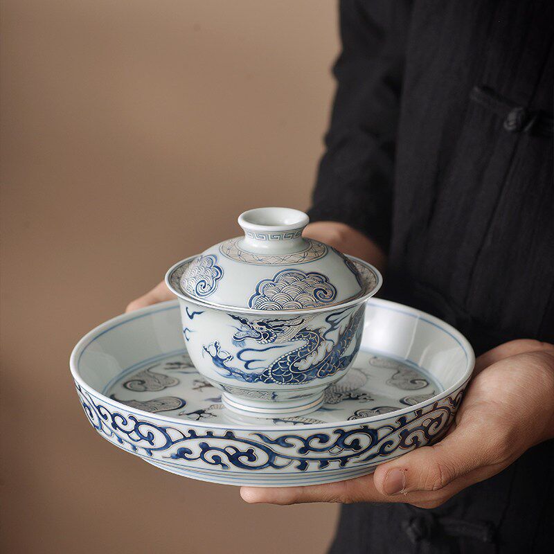 手工包银青花龙纹壶承干泡台陶瓷壶承单层茶承壶托果盘养壶垫茶托
