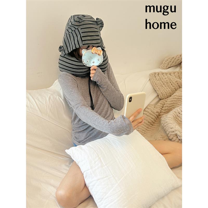 muguhome原创条纹恶魔角连帽护颈枕泡沫离子便携小众U型枕靠枕