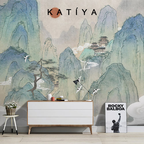 Katiya中式轻奢山水画仙鹤复古电视背景墙壁纸客厅高档壁画手绘布