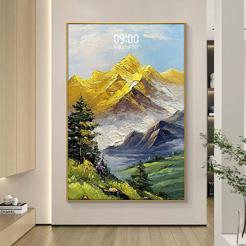 日照金山入户玄关装饰画正对门带灯钟表挂钟客厅挂画时钟挂墙壁画