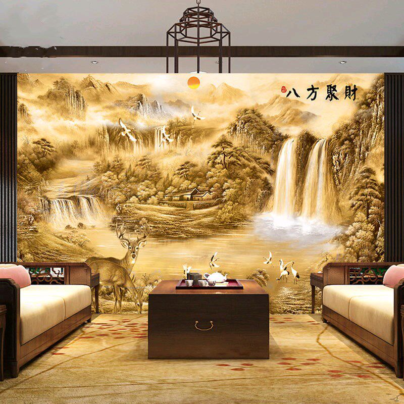 3D浮雕中式山水画风景办公室墙纸5d壁画客厅电视背景墙壁纸墙布
