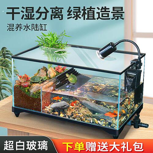 乌龟缸超白玻璃乌龟饲养缸水陆双栖生态干湿分离底部排水龟植共养