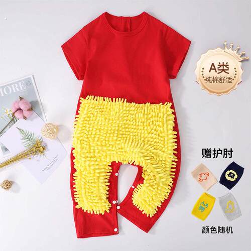 宝宝爬行服护膝拖地衣服爬爬服婴儿连身衣罩衣擦地板防脏夏薄