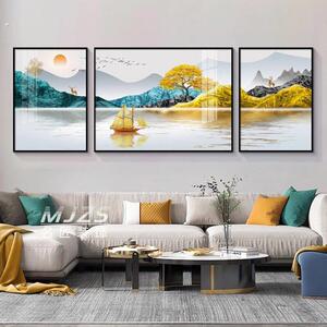 旭日东升客厅装饰画新中式沙发背景墙壁画现代轻奢挂画三联山水画