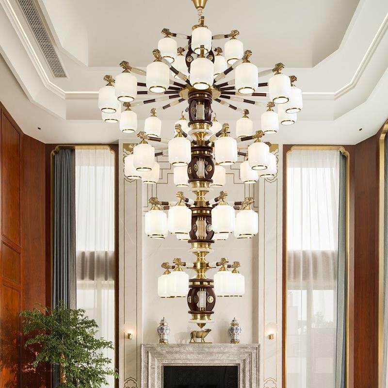 5层中空大吊灯复式楼高档客厅木艺铜灯餐厅新中式别墅用楼梯间灯