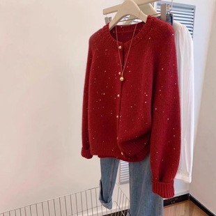 温柔氛围感亮片圆领毛衣开衫女秋本命新年复古红色软糯针织外套