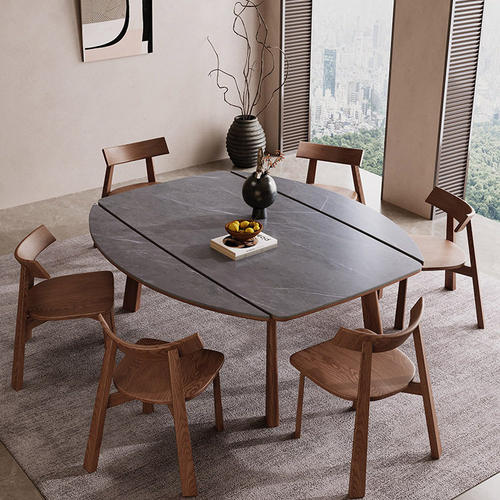 中古风实木白蜡木伸缩岩板餐桌家用小户型餐桌椅组合可方变圆桌