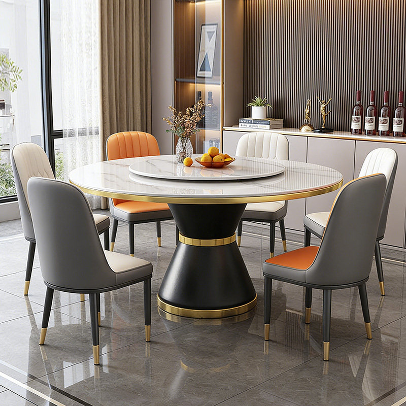轻奢现代岩板餐桌组合金边大圆桌带转盘家用吃饭桌子带椅子