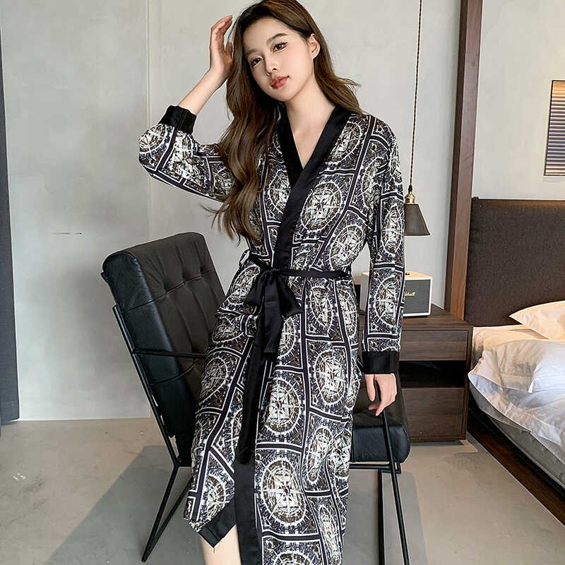 情侣睡袍女春秋季长袖冰丝薄款高级感男士浴袍欧美风家居服加大码