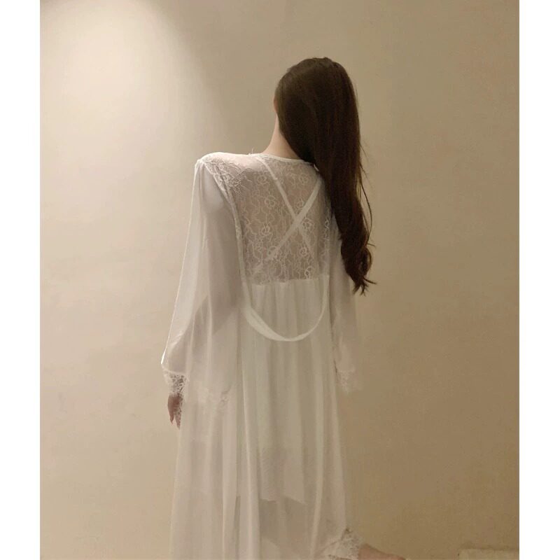 冰丝睡衣女夏天薄款蕾丝花边睡袍V领吊带睡裙两件套家居服带胸垫