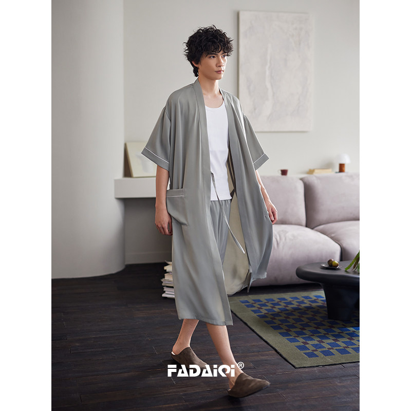 冰丝睡袍男士夏季薄款短袖睡衣浴袍短裤凉感丝绸浴衣家居服两件套