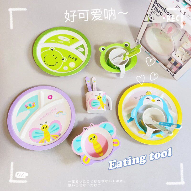 儿童餐盘分格卡通可爱宝宝家用吃饭辅食碗勺子竹纤维婴儿餐具套装