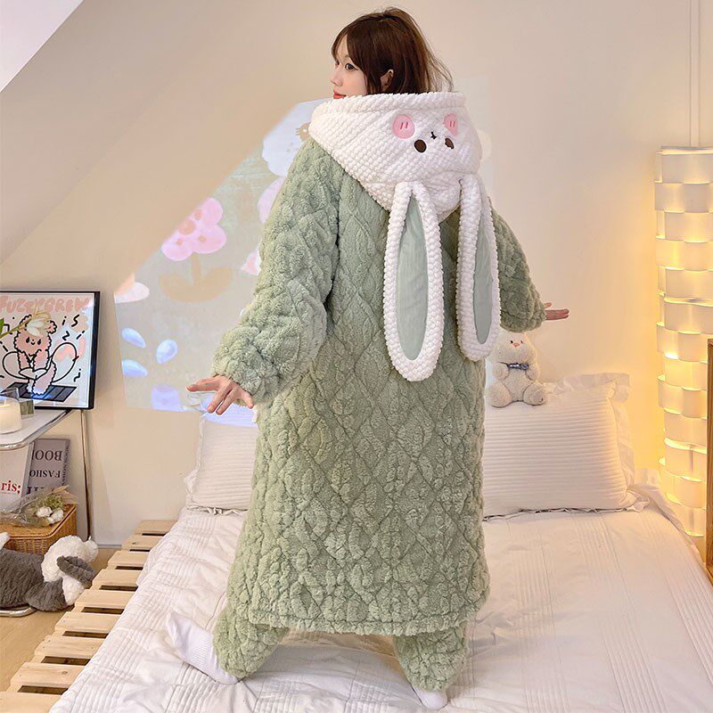 三层夹棉袄睡袍长款冬季加绒加厚睡衣女冬天珊瑚绒可爱家居服套装