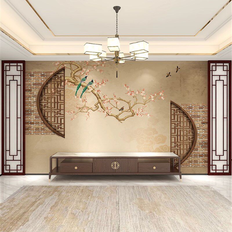 3d新中式电视背景墙壁纸现代中国风壁画客厅装饰墙布玉兰花鸟墙纸