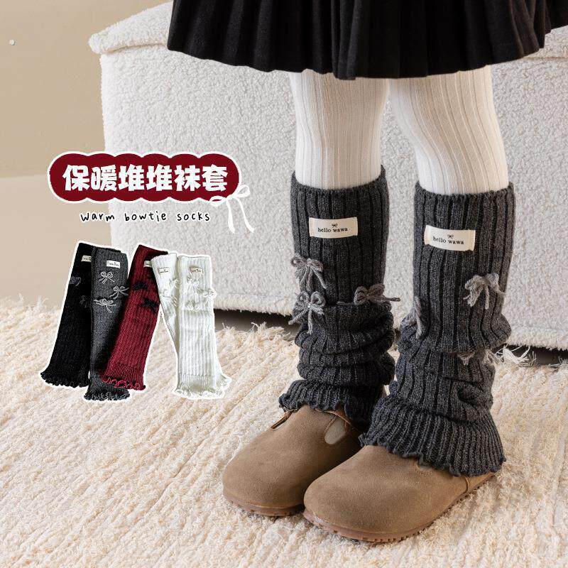 加厚儿童袜套泡泡袜女童秋冬新款蝴蝶结木耳边保暖小腿袜针织袜套
