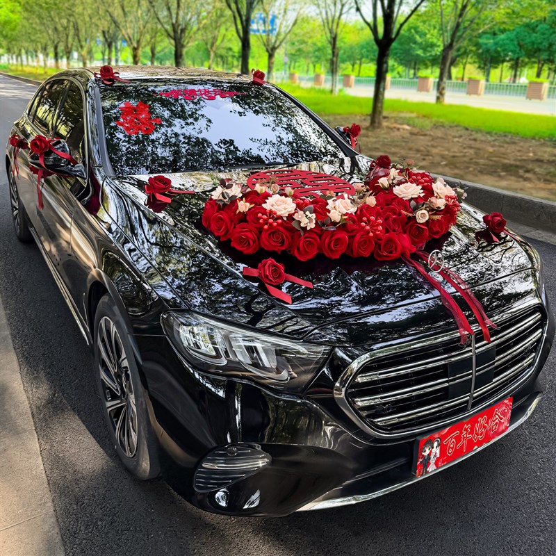主婚车装饰车头花大U结婚车队头车拉花高级感全套布置吸盘仿真花